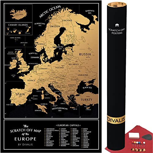 Rubbelkarte von Europa – Großes 24x16 Schwarz-Goldenes Europa-Reiseplakat mit Städten – Einfach zu Rahmende European Rubbelkarte – Hochwertige Reisewandkarte mit Reißzwecken – Rubbelgerät und Zubehö