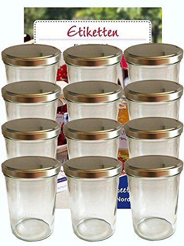 24er Set Sturzgläser 435 ml incl. Deckel Deckelfarbe Silber To 82 (24 Etiketten NZ) zum Beschriften Haushaltsetiketten Marmeladenglas Einmachglas Sweet Family