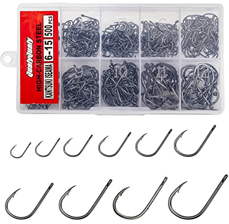 QualyQualy Worm Hooks for Bass Fishing Hooks, 500pcs Bass Hooks Fishing Carp Eyed Fishing Hooks Freshwater Hooks Bass High Carbon Steel with Portable Box