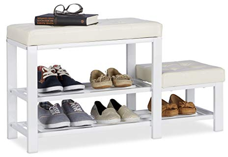 Relaxdays Panca Scarpiera con Sgabello, Seduta Imbottita, 2 Ripiani, per Bambini, HxLxP: 50 x 90,5 x 30,5 cm ca., Bianco