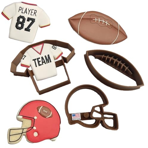 FOOTBALL COOKIE CUTTERS American Football With Laces Game Helmet And Jersey Uniform T-Shirt For Sports Super Bowl Cookie Cutters For Birthday Graduation (3 Pack)