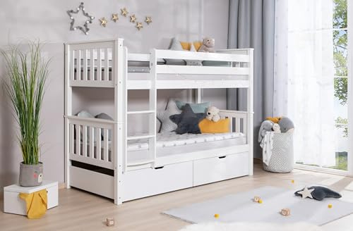 TiCAA Etagenbett, Kinderbett, Stockbett Funktionsbett für Kinder mit Treppe & Zwei Liegeflächen teilbar aus Kiefer Massivholz Weiß Bettgestell 90 x 200