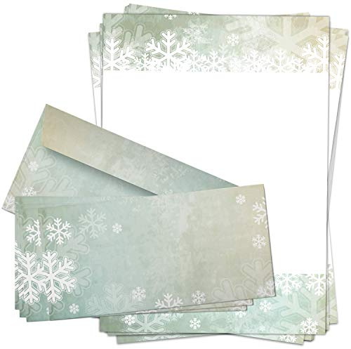 10 x Weihnachtspapier mit Umschlag Set - Motiv Schneeflocken Türkis - Papier DIN A4 Weihnachten beidseitig, Kuvert DIN LANG