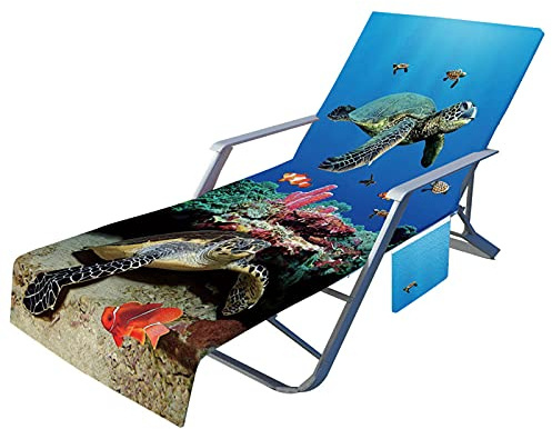 oneforus Lounge Chair Beach Towel 3D Underwater World Fish Soft Foldable With Side Pockets for Pool Sun Lounger Hotel Garden