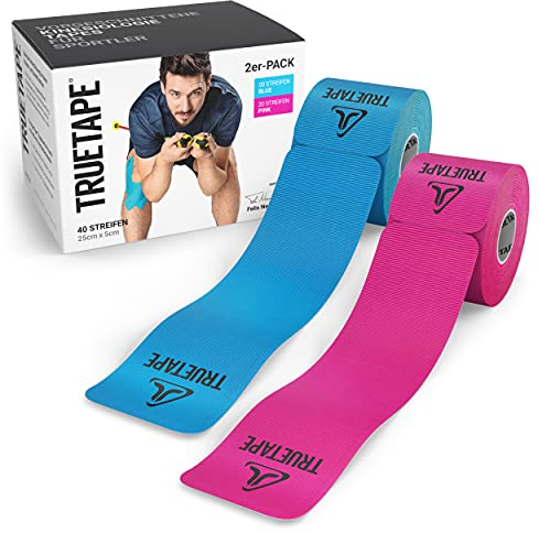 TRUETAPE® Kinesiotape – PRO Precut DUO-Pack – 2 x 20 vorgeschnittene Streifen (25 cm x 5 cm) – Wasserfeste & Elastische Kinesiotapes – Physiotape mit starker Klebekraft für den Sport – Blau & Pink