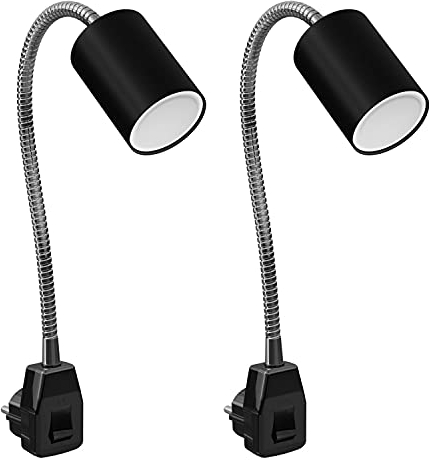 ledscom.de 2 Stück GU10 Steckdosenlampe WAIKA Schwanenhals, Schalter, schwarz inkl. GU10 LED Lampe 450lm weiß