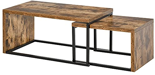 HOMCOM Set di 2 Tavolini da Salotto Impilabili e Salvaspazio in Stile Industriale, Legno MDF e Metallo, Marrone e Nero