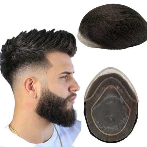 NLW Echthaar toupet männer Schweizer Spitze kombiniert PU haarsystem mann 100% echtes europäisches Haar haarteil für männer Basis 8 x10 Zoll #1 Tiefschwarz