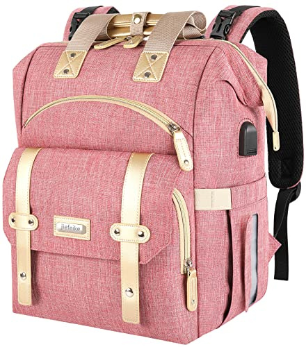 Jiefeike Diaper Bag Backpack, Pink Baby Girls Diaper Bag for Mom, Travel Baby Bags Backpack for Women, Insulated Pockets Portable toddler diaper bag, RFID Anti-Theft Pocket