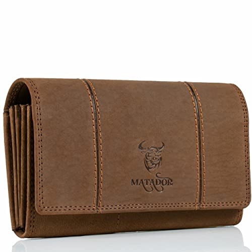 MATADOR XL Karten Portemonnaie Geldbeutel Damen Leder Groß #BRÜGGE mit Geschenk Box, Portmonee Geldbörse Damen Gross mit RFID Blocker, Geldtasche Brieftasche, Damenportemonnaie Leder, Hell Braun