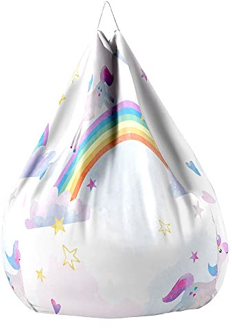 Treer Unicorno Fodera per Pouf a Sacco per Adulti Bambini, Stampato Copertura per Poltrona Sacco, Senza Imbottitura, Cerniera Pouf a Forma di Pera Bean Bag Cover (70x80cm,Unicorno Arcobaleno)