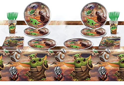 JEEON Yoda Besteck Party Besteck Party Set Umweltfreundliches Besteck Pappbecher Pappteller Papiertücher Party Tischdecke Weihnachten Geburtstag Party für Kinder ,51pcs