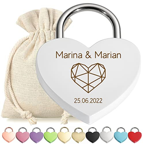 polar-effekt Herz Liebes-Schloss Bügelschloss personalisierte Gravur Weiß - Motiv Polygon Herz - Geschenkbeutel - mit Schlüssel - Jahrestag, Verlobung - Sie & Ihn - Paar, Ehepaar - Present, Love