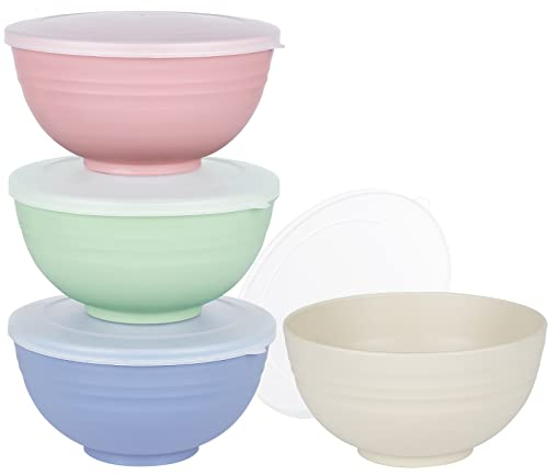 Greentainer Unbreakable Large Cereal Bowls with lids- 24 OZ Plastic Lightweight Bowl Sets 4 - Dishwasher & Microwave Safe - for Cereal, Salad,Soup, Noodle, 4 Pieces-Blush