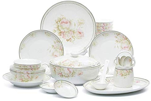 Juego de vajilla, Elegante diseño de Flores, Juego de vajilla de combinación de cerámica de 46 Piezas, Platos, tazones, Plato, Sopa, Olla, Juego de Cena