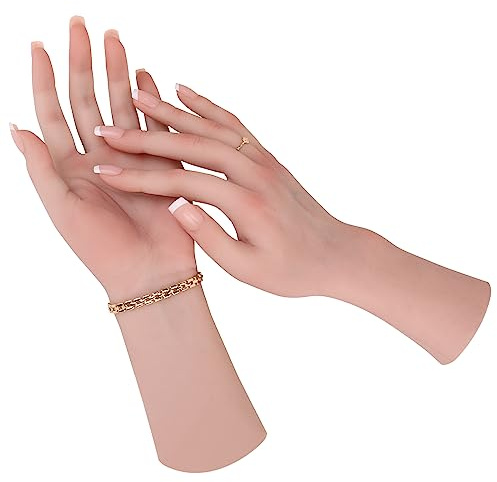 MOTLEYBEAN Realistische weibliche Silikonhandhand, Lebensgröße, weibliches Modell, Hand zum Präsentieren von Schmuck, Nagelkunst, Übung, Halloween, Kostüm, Prothetik mit Acrylnägeln (Elfenbein, Paar