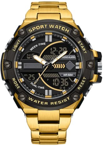 RORIOS Reloj de Pulsera Electrónico Doble Pantalla para Hombre Reloj 5ATM Impermeable Relojes Digital Cuarzo Reloj Multifuncional Militares Correa Acero Inoxidable Negro Oro B
