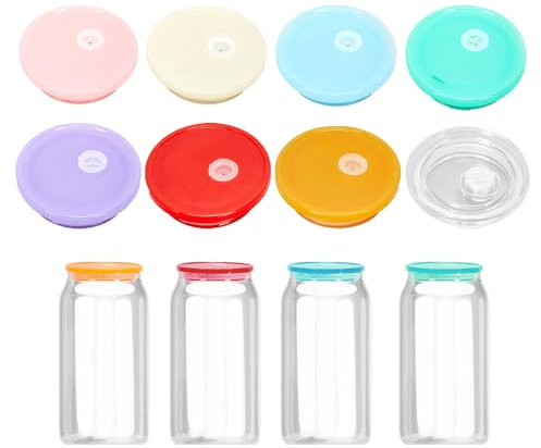 8pcs Acrylic Lids for Glass Cup,Reusable Anti-dust Cup Covers,Food-grade Plastic Drink Glass Cup Lids,Lids Replacement Fits for 16Oz/20Oz Glasses Colorful Glass Cup Cap,Glass Drink Cover