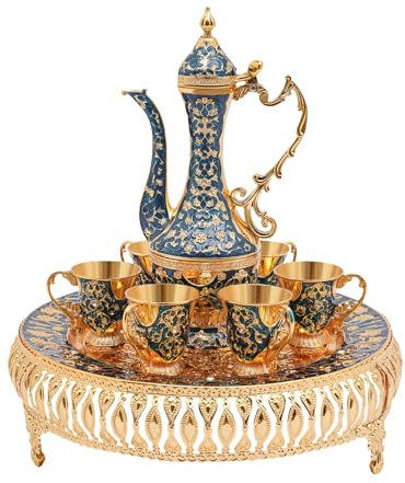 DeeDuud Set di caffettiera turca, bicchiere da vino in lega di zinco con 6 tazze da tè 1 vassoio concavo per caffè turco, tè italiano, whisky brandy (blu scuro)