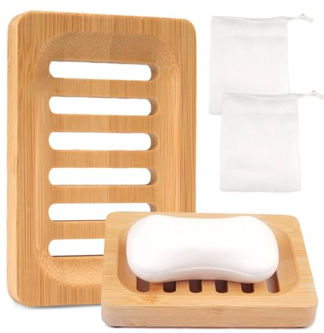 2 Stück Seifenschale Holz mit 2 Stück Netztasche, Natürliche Bambus Seifenschale mit Ablauf, Seifenablage Set, Handgefertigte Seifenschalen für Seife Schwämme Festes Shampoo