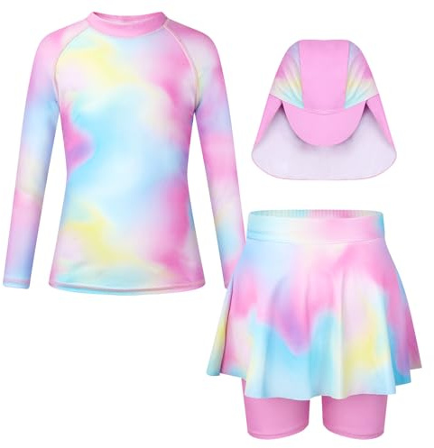 Girls Swimming Costume 3 Piece Long Sleeve Swimsuit Girls Uv Protection Rash Guard Top Shirt with Short Pants and Swim Cap Swimwear Set 5-6 Years Multicoloured
