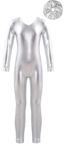 inlzdz Kids Girls Long Sleeve Shiny Metallic Gymnastics Ballet Dance Leotard Unitard Jumpsuit Catsuit with Hair Tie Headwear Silver 7-8 Years
