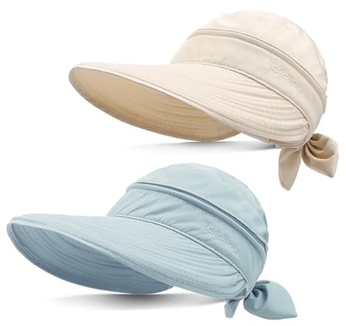 Yamitora 2 Stück Damen Sommer Sonnenhut Breite Krempe 2-in-1 Abnehmbarer Sonnenschutz Outdoor UV-Schutz Hut Abnehmbar Faltbarer Visor Cap Hut mit Pferdeschwanzloch für Golf Reisen Wandern Besichtigung