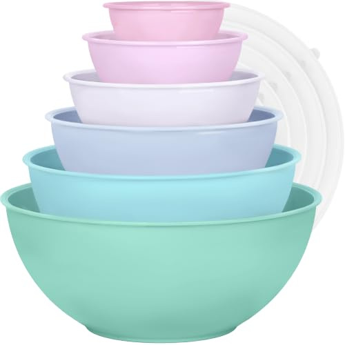 BoxedHome Mixing Bowl Set with Lid, Mixing Bowls, 12-Pack Mixing Bowl Set, Plastic Salad Bowl Stackable Serving Bowls for Kitchen (6 Bowls and 6 Lids, Green Pink)