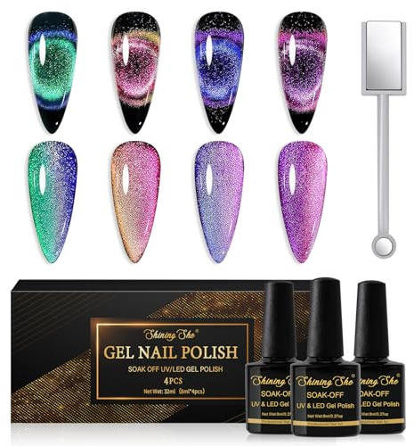 Shining She Smalto Semipermanente Unghie Magnetico,4 Colori Rosa Verde Viola Blu Glitter Cat Eye Smalti Semipermanenti per Unghie con Magnete,Soak-Off UV/LED per Nail Art Salone, 8ML