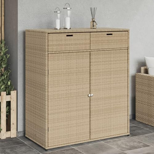 Durable Outdoor Storage Cabinet with PE Rattan and Powder-Coated Steel Frame, Beige, 105x55x113 cm, Includes Wall Bracket for Safety, Ideal for Garden Tools and Pool Accessories