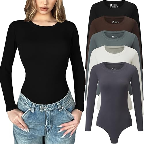 Chongbaijia Langarm-Body für Damen, Rundhalsausschnitt, lässig, dehnbar, Basic-T-Shirt, Bodysuits, Oberteile, 5 Stück, 5-teilig: Schwarz/Weiß/Kaffee/Grün/Grau, S