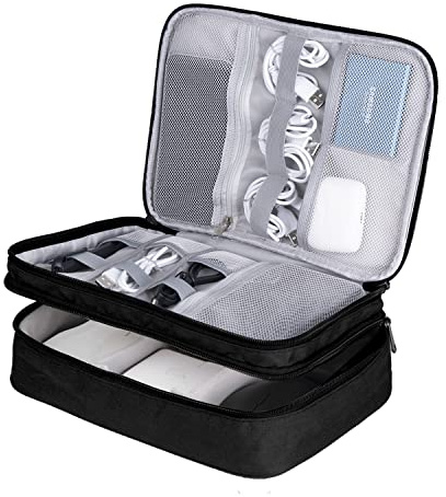 LENTION Cable Organiser Bag, 3-Layer All-in-One Storage Pouch | Travel Electronic Accessories for Charger, USB Cables, Power Bank, Earphone (Black)