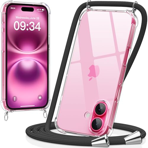 caslord Handyband kompatibel mit iPhone 16 | Transparent Hülle mit Handykordel | Handyhülle für zum Umhängen | für Sport Reisen Partys Einkäufe Babypflege | Schwarz