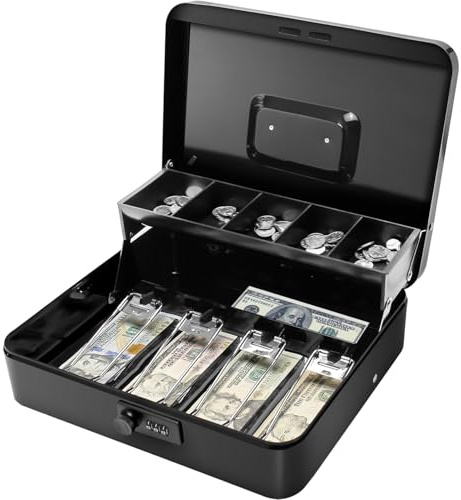 Secure Locking Cash Box with Key or comnination, Money Tray, and Organizer - Metal Money Safe for Cash Management (Black Combination)