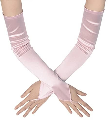 Coucoland Damen Fingerlos 20er Satin Classic Opera Fest Party Handschuhe, Audrey Hepburn 1920s Lang Elastisch (Rosa)