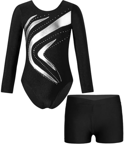 XIUsheUA Turnanzug Mädchen Kurzarm Gymnastikanzug Body Langarm Dancewear Sets Ballett Outfit for Mädchen Eiskunstlauf Overall(Silver,14Y)