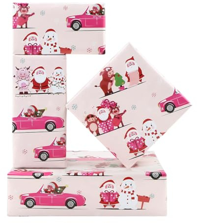 Rosa Weihnachts-Geschenkpapierrolle, Auto Weihnachtsmann Schneemann Rentier Geschenkpapier, 1 Mini-Rolle, 43 x 300 cm pro Rolle, für Kinder, Mädchen, Jungen, Frauen, Urlaub, Weihnachten, Geburtstag