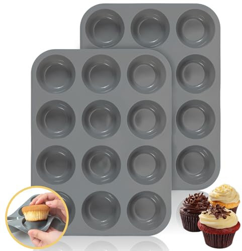 Vinuwu 2 Pack Muffin Trays, Silicone Muffin Moulds 12 Cup, Non Stick Muffin Cupcakes Tin 12 Deep, Baking Tray for Cupcakes Yorkshire Bun Pudding, Baking Moulds Tins-30 x 22 x 3 cm