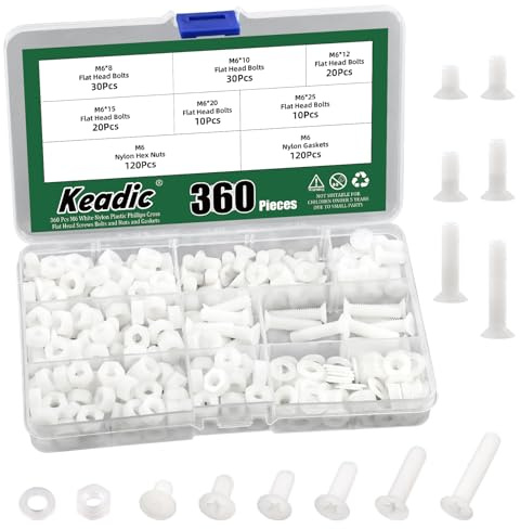 Keadic 360Pcs M6 White Nylon Countersunk Machine Screws, Nylon Flat Head Machine Screws Metric Screws Bolts Washers Nuts Kit Metric Thread Countersunk Round Head Bolt Assortment Set for Machinery