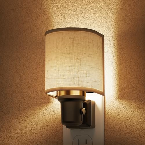 L LOHAS LED Night Lights Plug into Wall, Plug in Night Light Dimmable 100LM, Farmhouse Decorative Nightlights Plug in Wall, Light Sensor, Soft Linen Fabric Nightlight Warm for Bedroom Hallway, 2 Pack