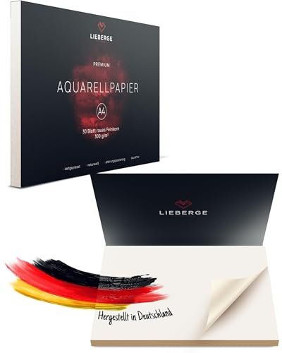 LIEBERGE Premium Aquarellpapier A4 300g – made in Germany – 30 Blatt Aquarellblock verleimt – naturweißes Malpapier für Wasserfarben | Watercolor Paper (A4 30 Blatt)