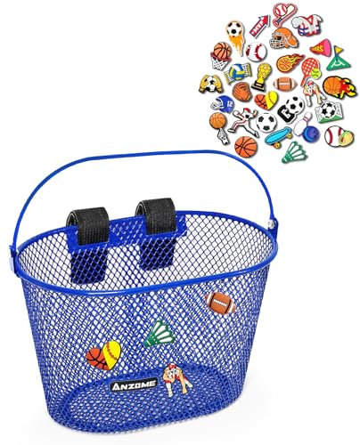 ANZOME Metall Fahrradkorb für Kinder, Lenkerkorb mit 30 niedlichen Clips & Klettverschlüssen, wasserdicht abnehmbar, Geschenke für Mädchen & Jungen (Sportserie)