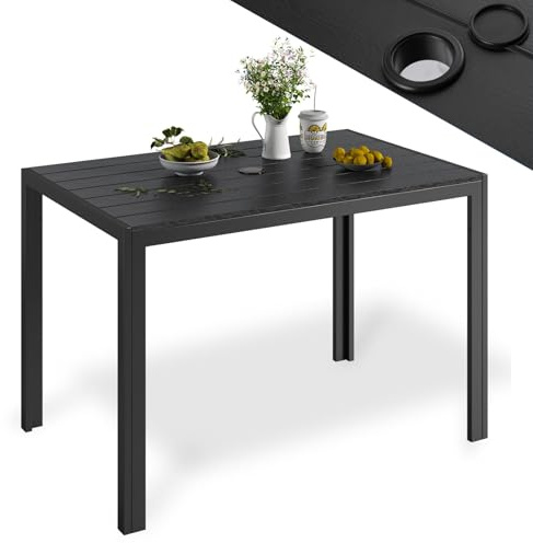 LIFERUN Mesa de Jardín 110x70 cm con Agujero para Sombrilla 4cm, Mesa de Terraza de WPC para 4-6 Personas, Mesa de Balcón Resistente a la Intemperie con Estructura de Aluminio, Negro