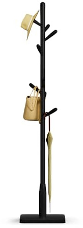 Awatiwa Garderobenleiste aus Massivholz, freistehende Baumgarderobe mit 8 Haken(+ 2 Ersatzteil),3 verstellbare Größen, Hutständer für Schlafzimmer/Büro/Eingangsbereich(quadratischer Boden, Schwarz)