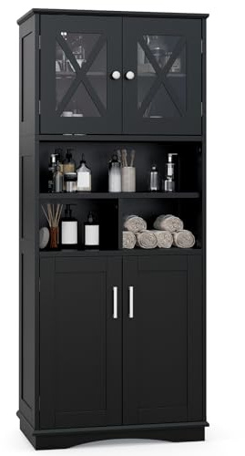 COSTWAY Tall Bathroom Cabinet, Freestanding Storage Cupboard with Open/Adjustable Shelves and Doors, Wooden Bathroom Unit High Floor Cabinet for Living Room Kitchen Hallway, 60x30x145cm (Black)
