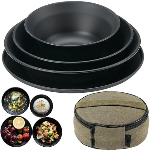 Vaisselle de Camping | Assiettes de Camping en Acier Inoxydable | Couverts résistants à la Chaleur avec Sac de Rangement en Toile réutilisables pour Pique-Nique, randonnée, Repas en Plein air