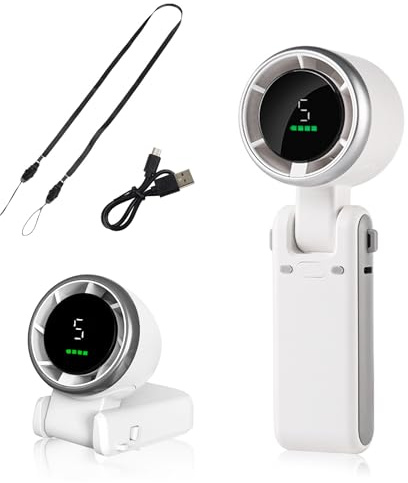 Hifot Mini Ventilador de Mano 5 Velocidades Ventilador Recargable Portátil USB 3 en 1, Pequeño Escritorio Plegable 180° con Cuerda para Cuello para Oficina, Viajes Blanco