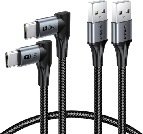 SUNGUY USB C Ladekabel 90 Grad Winkel USB C Kabel gewinkelt Nylon USB A auf USB C Kabel für iPhone 17/16/15 Serie, Galaxy S25/S25+/S24/S23/A56, Google Pixel, Powerbank (2Stück, 0,6m)