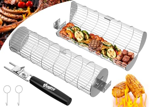 2 Pcs Nestbarer Rollender Grillkorb mit 1 Abnehmbarem Holzgriff, Edelstahl | Outdoor Gasgrill, Garten Camping Grill Zubehör, für Gemüse, Fisch, Meeresfrüchte,Geburtstagsgeschenk für Papa Männer
