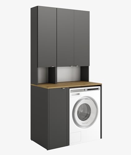 PLATAN ROOM Waschmaschinenschrank Badezimmer Hochschrank Überbauschrank für Waschmaschine und Wäschetrockner 210 x 99 x 56 cm weiß (Anthrazit/Eiche Artis, Badezimmer Set)